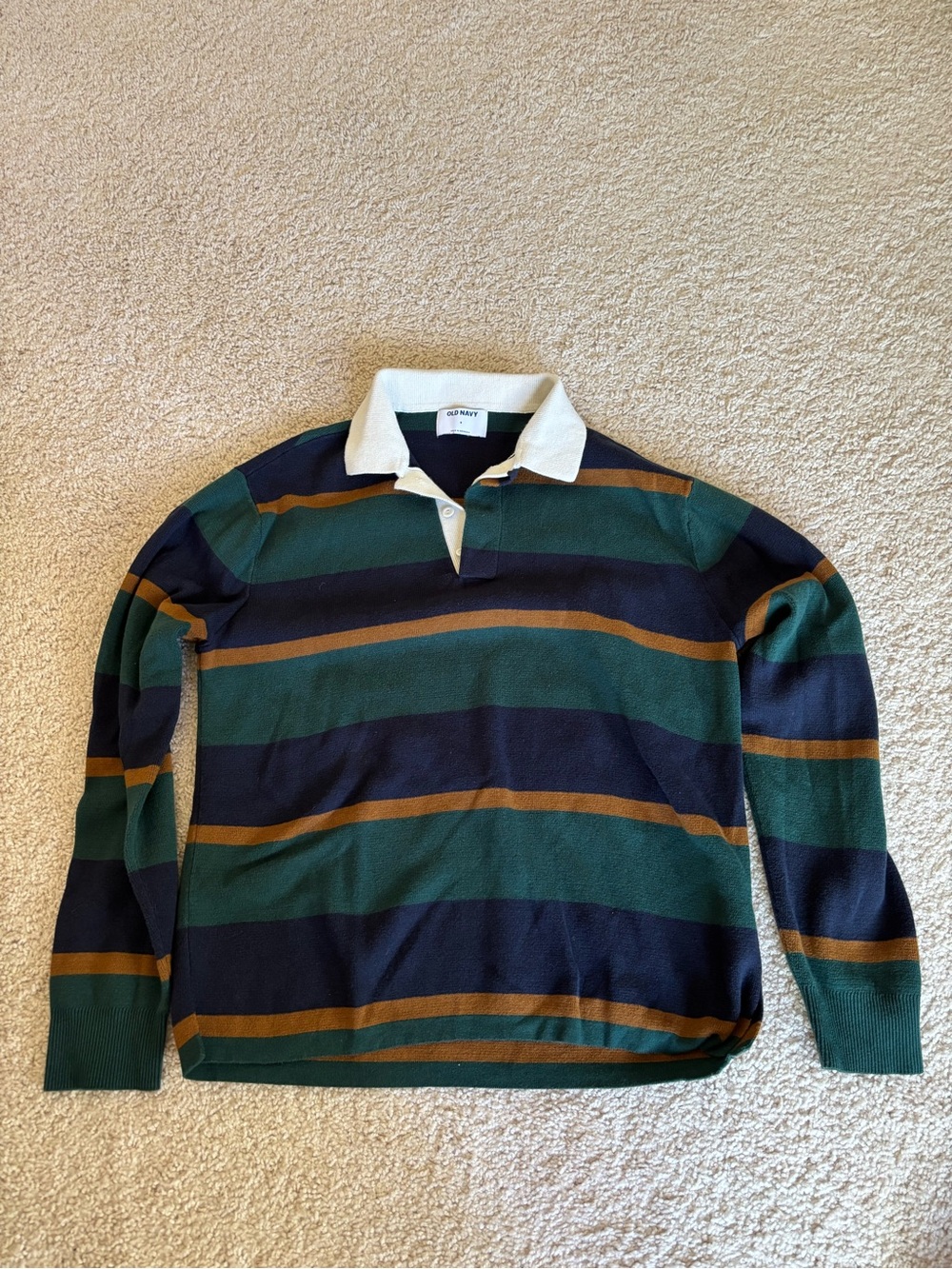 Old Navy Green, Navy & Brown Striped Rugby Polo with White Collar